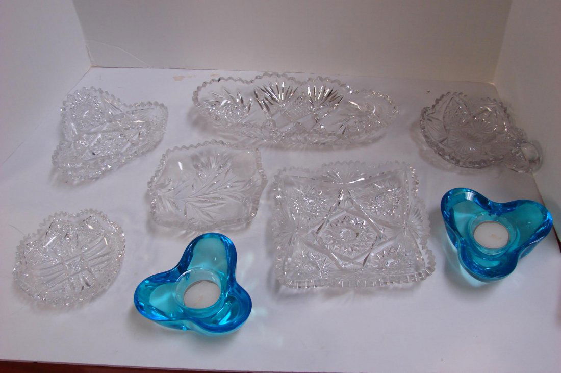 6 Pcs. American Brilliant Crystal, 2 Tea Lights: 6 Pcs. American Brilliant Crystal, some chips on points on 4 of the dishes, no chips on celery dish; 2 Villeroy & Bosch Blue Tea Lights.