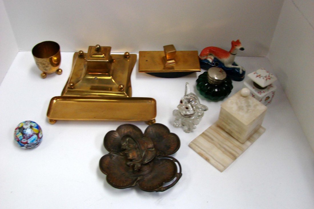 Vintage Lot of Ink Wells & Desk Sets: Vintage Lot of Ink Wells & Desk Sets including brass ink blotter, tray, cup, ceramic pen holder, several inkwells, etc.