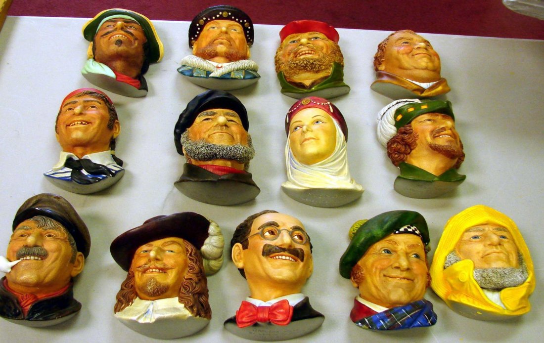 13 Legends Heads Figurines, also known as Bossuns.: 13 Legends Heads Figurines, also known as Bossuns Chalkware Heads; including Robin Hood, Groucho Marx, King Henry, etc. All in very good condition.