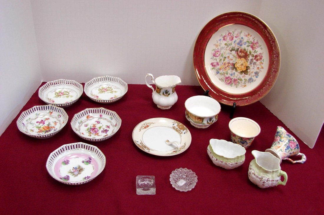 Lot of fine china incl. Noritake, Royal Albert: Assorted fine china lot including 5 small flowered dishes,3 sets of sugar & creamer - one Royal Albert, one Chintz (one chip) & one unmarked, Noritake lemon sever, 2 individual glass salts.