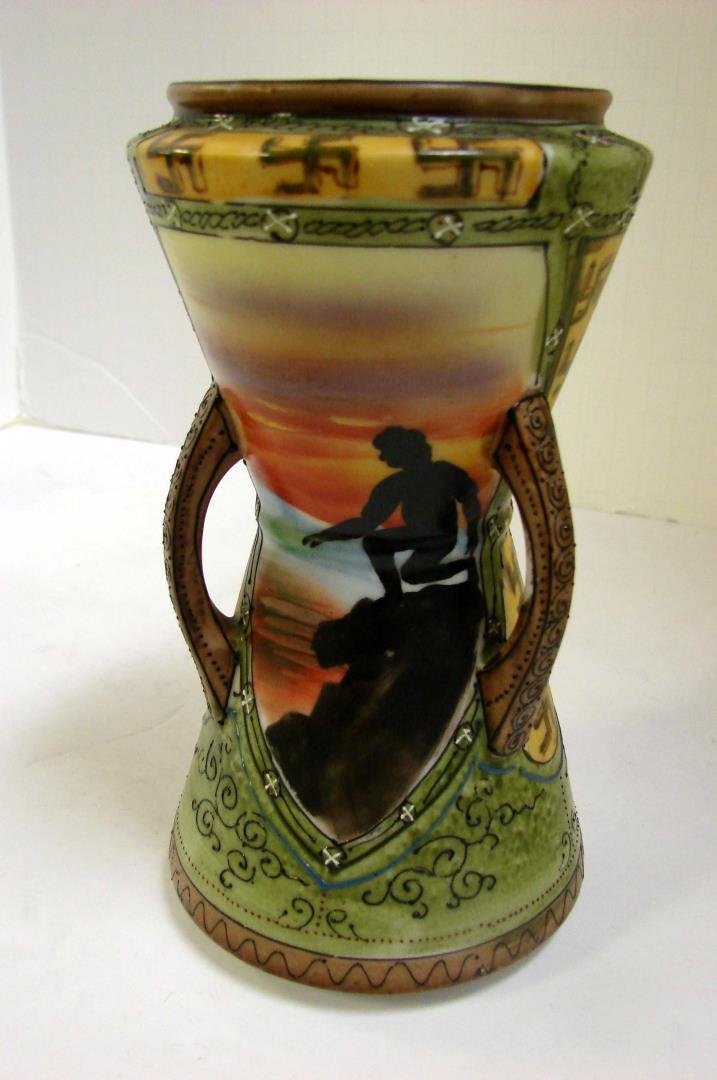 Nippon Hourglass Vase - Indian Motif w/Moriage: Nippon Hourglass Vase - Indian Motif w/Moriage on handles and bottom; Swastikas (which originally came from the Sanskrit svastika, meaning “good fortune” or “well-being) decorate both sides and 