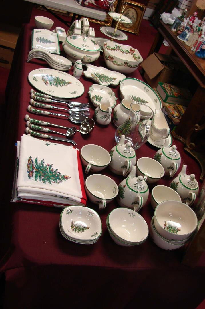 Spode Christmas Tree - 52 Serving Pieces +Flatware: Spode Christmas Tree -C'vd butter, candy dish sat & pepper, 3 banks, 4 sandwich trays, cov'd tureen, sq. specialty bowl, 3 tier server, cake plate, clear pitcher, creamer, baker, 4 spoon rests, 4 ind.