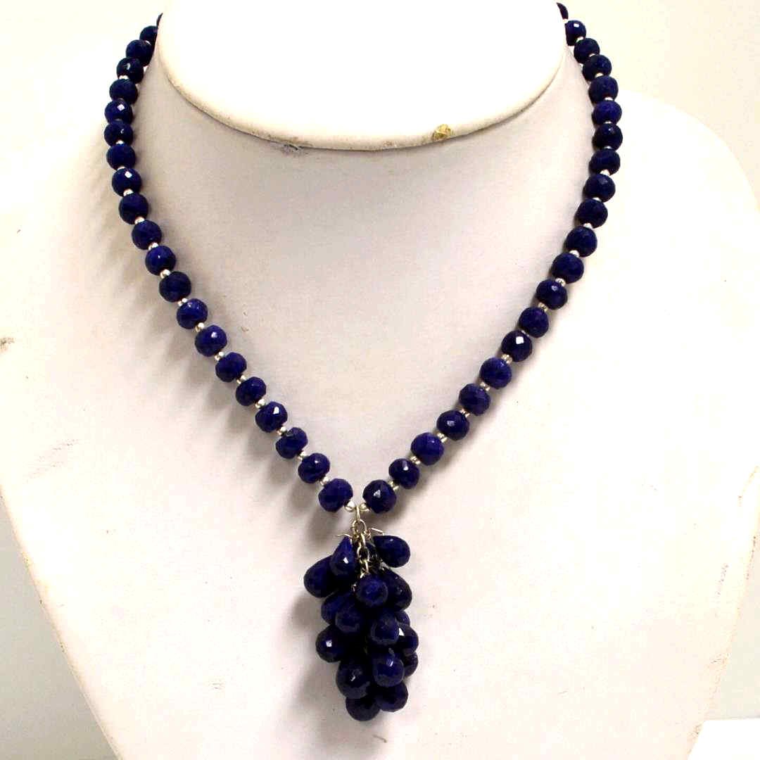 Sterling Necklace With Sapphire Briolettes: Sterling necklace with faceted sapphires 8mm in diameter alternating with sterling beads and tassel of sapphire briolettes.