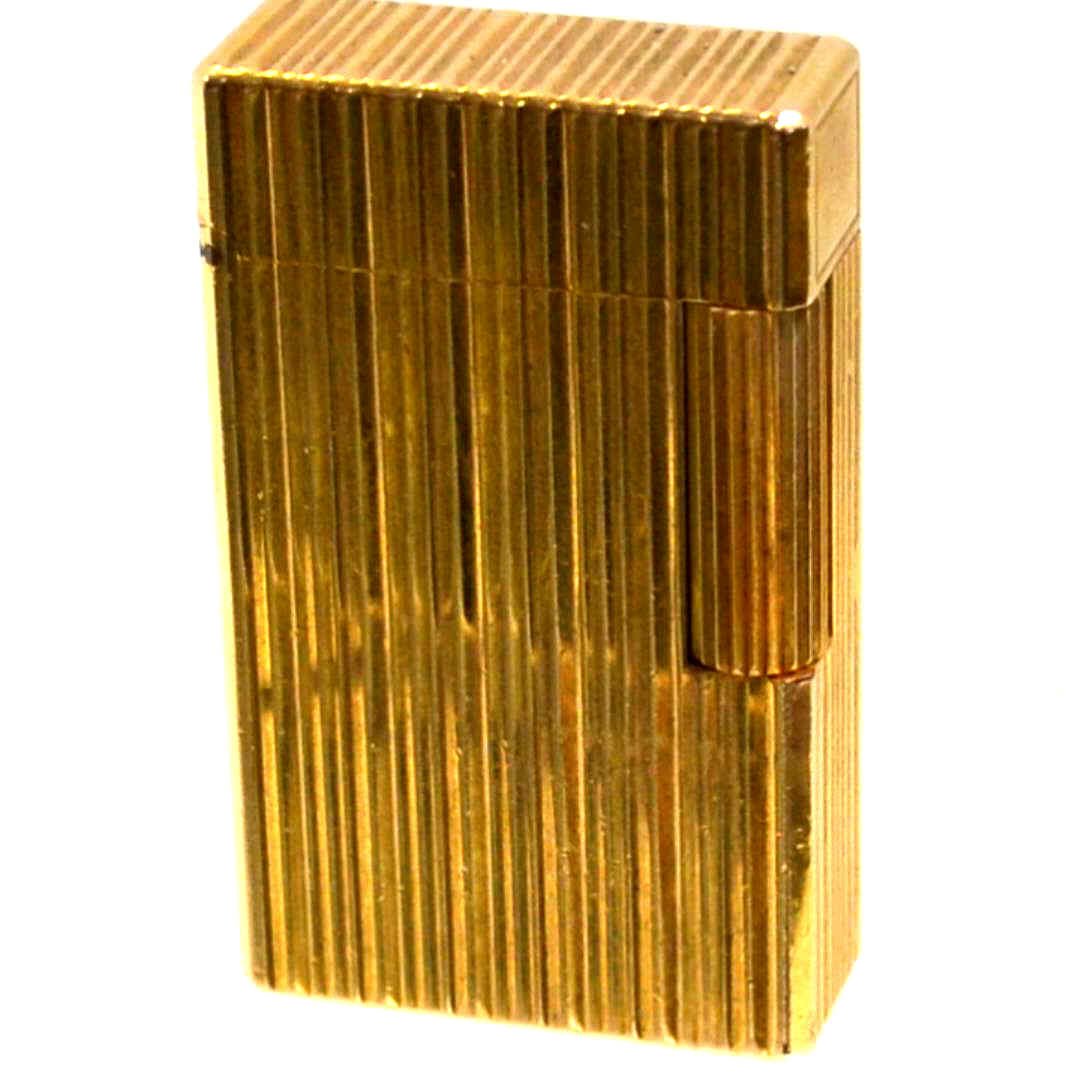 Vintage S.J. DuPont Lighter: Vin S.J. DuPont lighter with striped finish, heavy gold electroplate, roller lighting mechanism, 21/4" high and made in France.