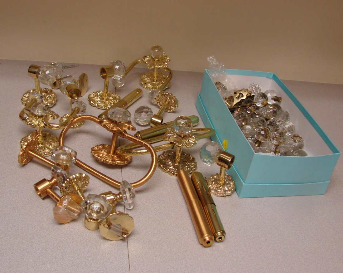 Bathroom Jewelry: Crystal Drawer Pulls, Towel Hldr: Bathroom Jewelry in gold & crystal: many Crystal Drawer Pulls, 2 Towel Holders, 2 double bath hooks, 4 tissue holders.