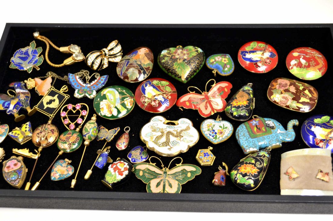 Lot of Enameled Jewelry: Lot of enameled jewelry including pendants, pins,lockets and more.