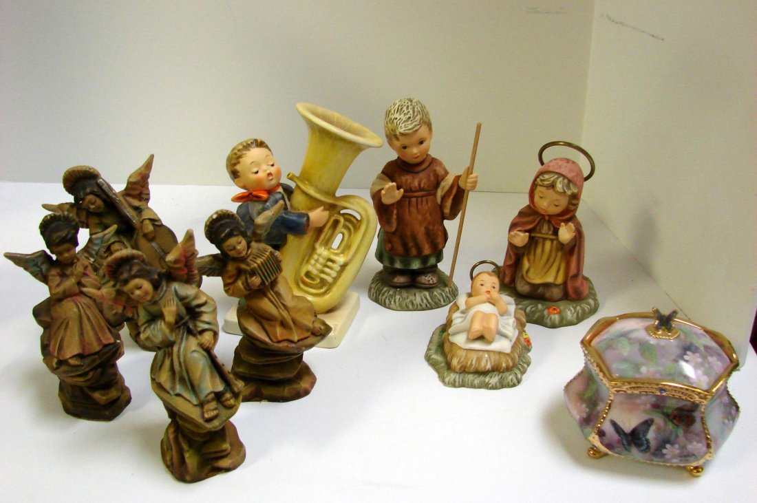 Hummel Tuba Player, Goebel Nativity, Music Box: Hummel Tuba Player, Goebel Nativity - Mary, Joseph & Baby Jesus marked Goebel Thailand 1996, Lena Liu Music Box plays Wind Beneath My Wings, 4 wooden angels made in Italy.