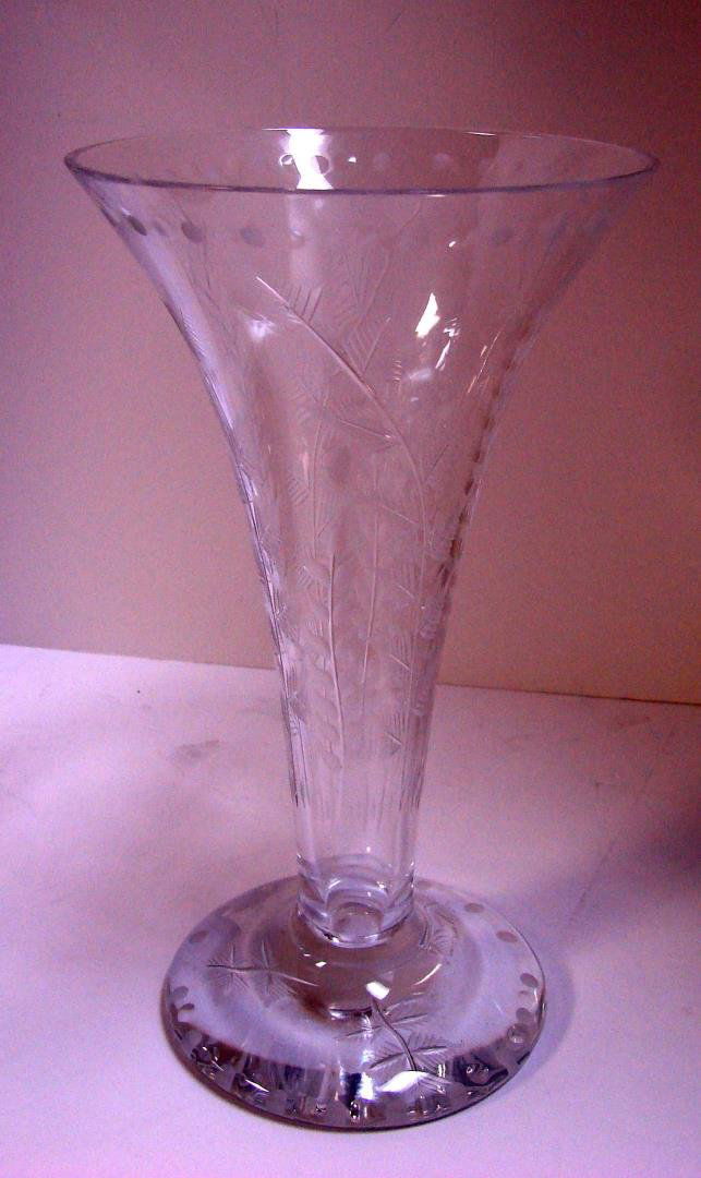 Vintage William Yeoward Etched Flared Crystal Vase: Vintage William Yeoward Etched Flared Crystal Vase, 10 1/2" tall; no chips.
