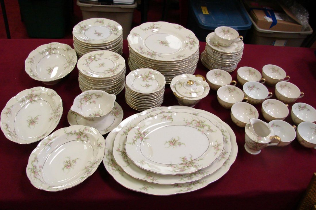 Theodore Haviland Rosalinde Svc. for 12 +: Theodore Haviland Rosalinde, most pcs. marked Made in America, a few marked Made in France; 12 ea. dinner, salad & bread plates, cups & saucers, fruit bowls; 1 gravy w/attached plate, creamer and cov'
