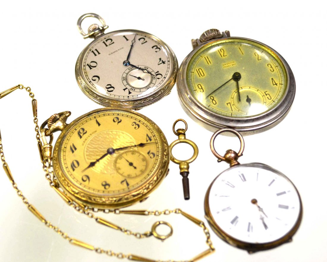 Lot of Pocket Watches: Lot of pocket watches including 2 Hamilton, one with fob, Cylindre 4 Rubis with key wind, and vintage Westclox Pocket Ben.