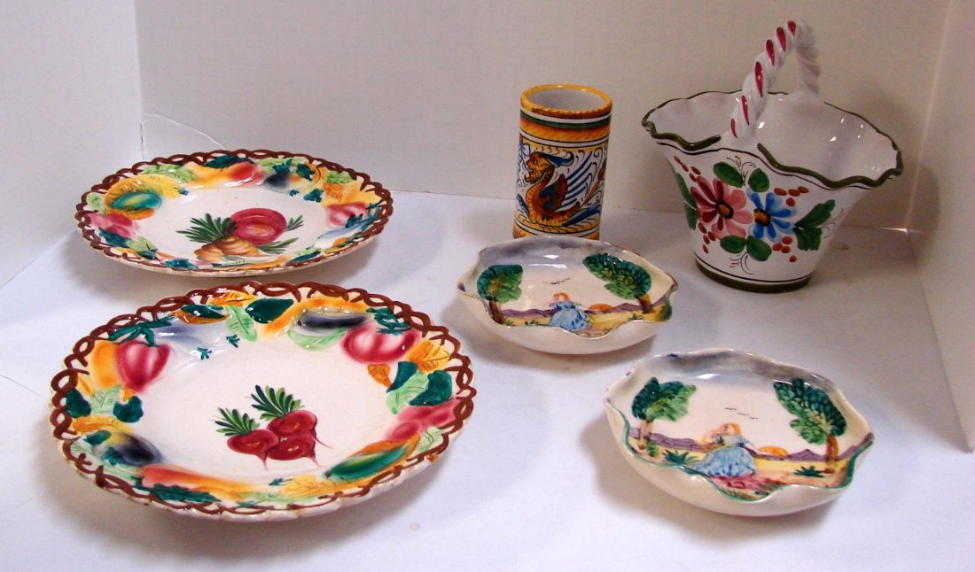 Deruta Basket & Pencil Holder, Majolica Plates: Deruta Basket & Pencil Holder, 2 Italian Majolica Fruit Plates, 2 Majolica Scenic Plates; no chips.