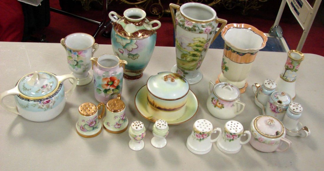 Vintage Nippon Porcelain - Vases, Condiment Dish+: Lot of vintage Nippon porcelain including several salt & pepper shaker sets, condiment holder (see photo of one with hairline), vases, hat pin holder, etc.
