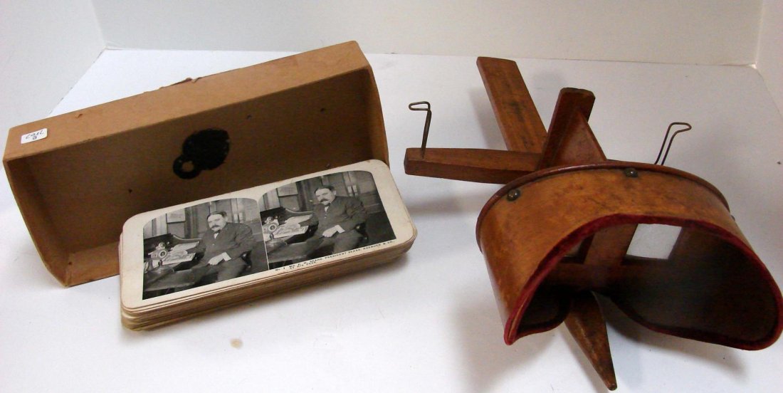 Antique Wooden Stereo Viewer Graphoscope: Antique Wooden Stereo Viewer Graphoscope with approx. 47 cards depicting early Sears Roebuck Co. in Chicago.