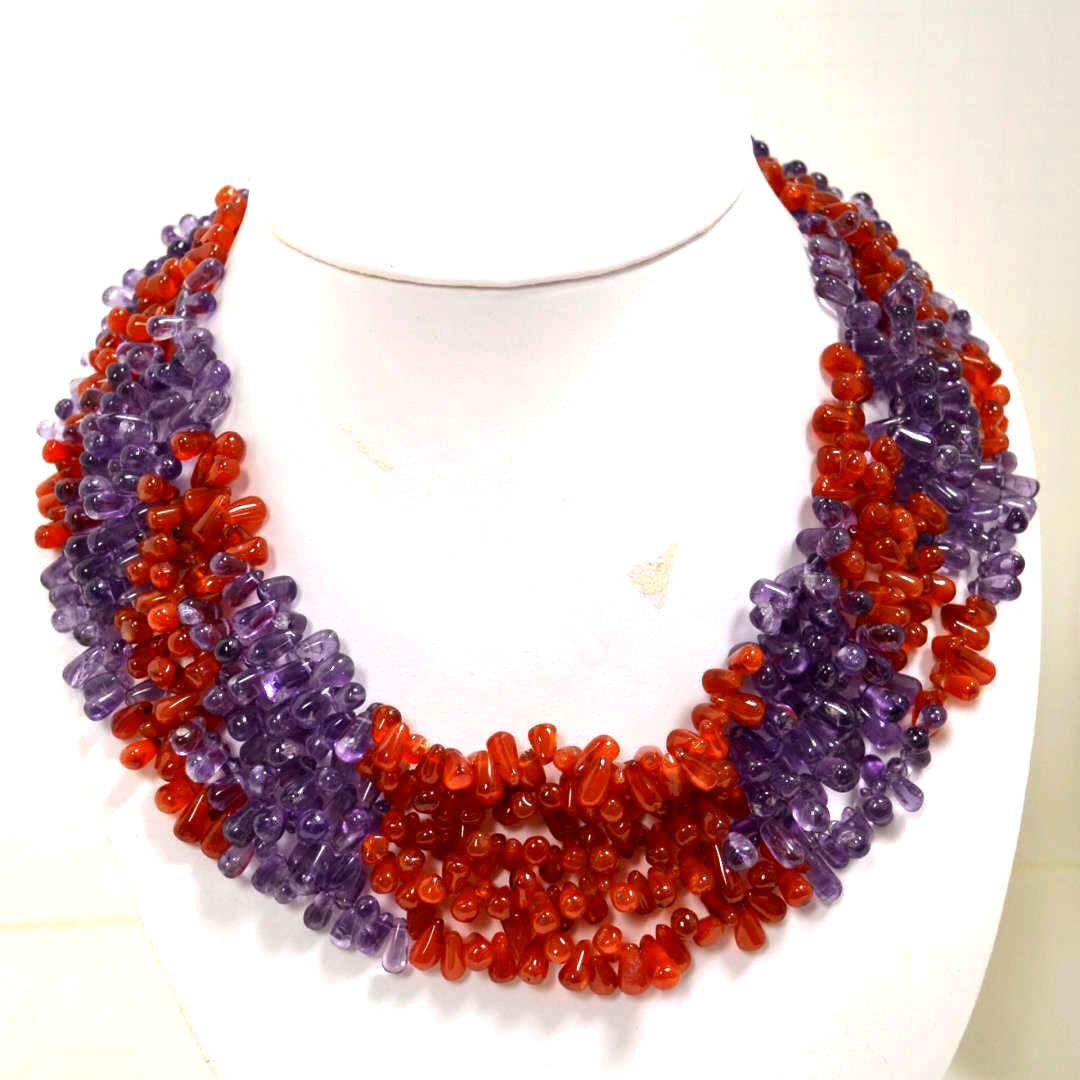Amethyst & Carnelian Necklace: 5 strand amethyst and carnelian necklace, briolette cut, 17 inside length, elaborate sterling "V" shaped ends with "S" clasp."