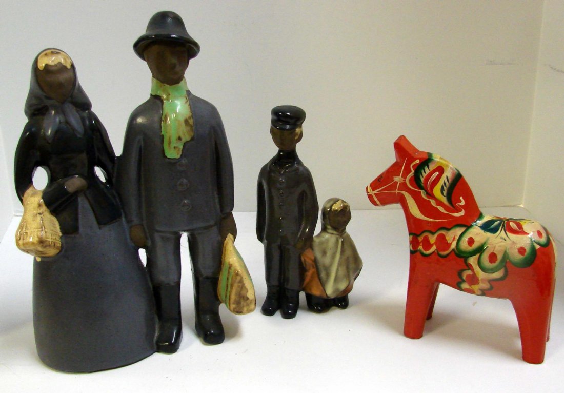 Vintage Swedish Dala Horse, 2 Verk Stad Figurines: Vintage Swedish Dala Horse 6" tall, 2 Verk Stad Figurines of a Man & Woman 10", and Boy and Little Girl 7".