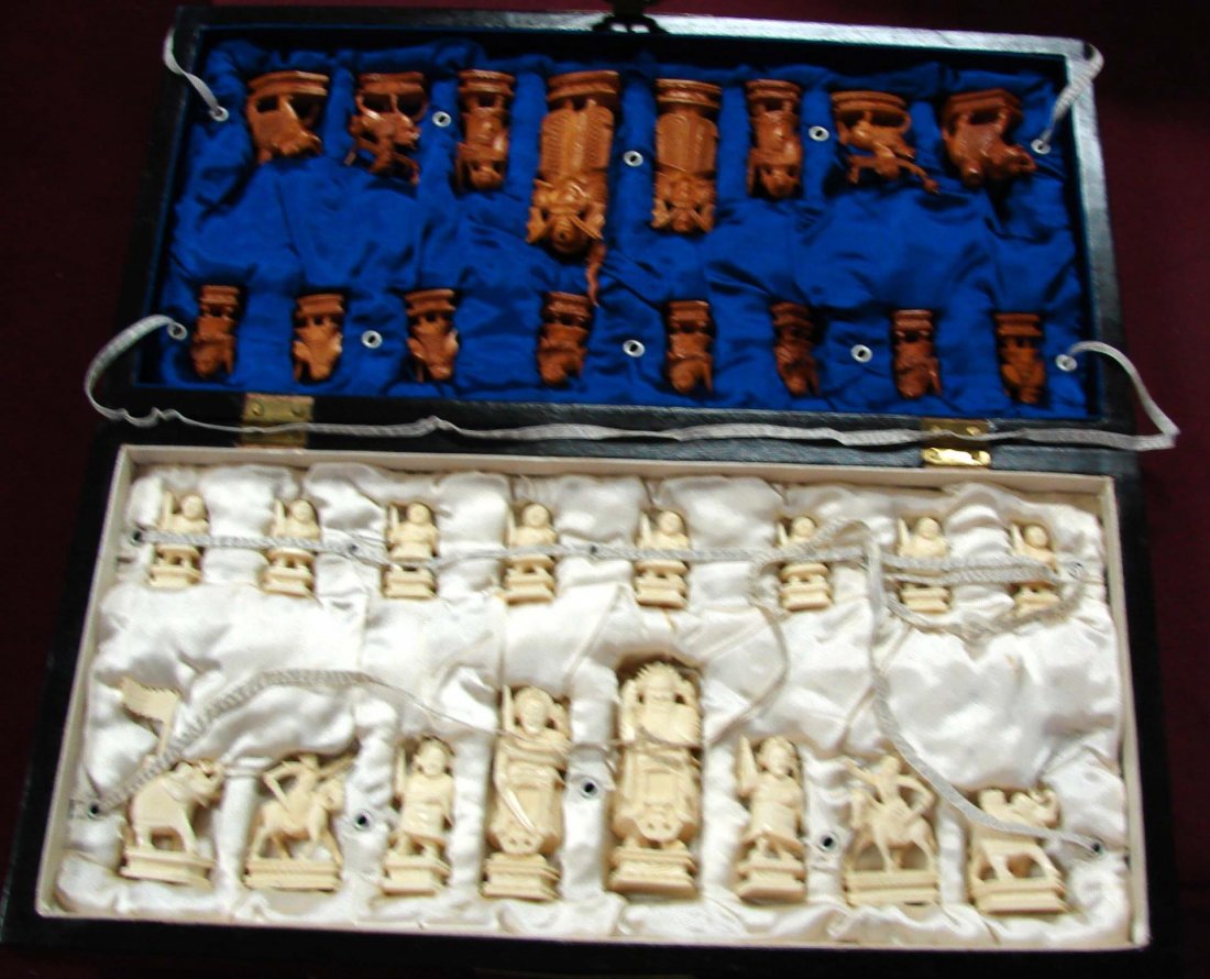 Chinese Ivory Chess Set - White & Stained: Chinese Ivory Chess Set - White & Stained, largest piece is 3 3/8" tall. In fitted box.