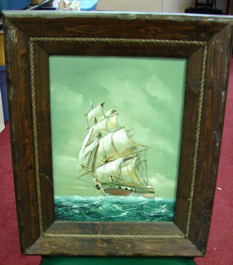 Framed Original Oil Painting of a Ship: Framed in Rustic Wood Original Oil Painting of a Ship, 18" x 22" , signed but we cannot read signature.