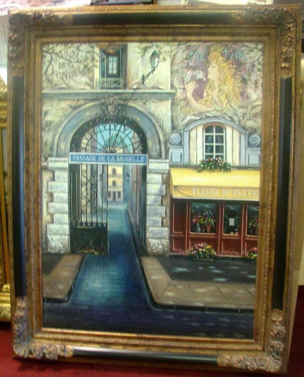 Original oil painting - French Cafe signed Tyler: Original oil painting, magnificent framing, signed J. Harris - French Scene reminiscent of Mucha, signed Tyler. 40" x 50"
