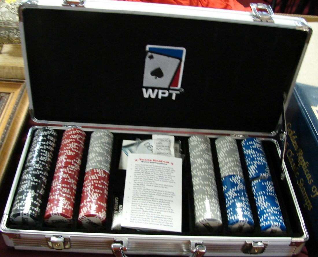 Poker Chips = WPT - Texas Holdem - Poker Chips: Poker Chips = WPT - Texas Holdem with fitted aluminum case. One pack of cards and one sleeve of chips has been opened; all the rest still sealed. Never used.