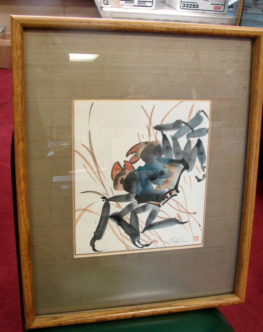 Framed Watercolor of a Crab signed Lucy Liu: Framed Watercolor of a Crab signed (looks like) Lucy Liu; 17" x 21".
