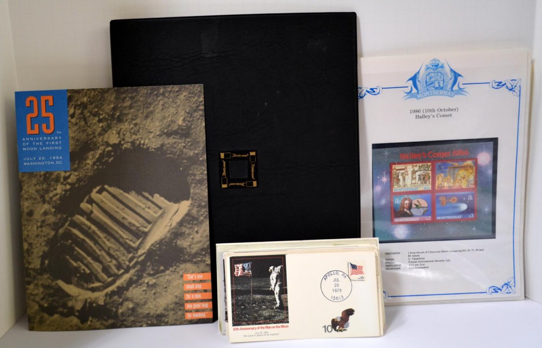 Lot of Space Related Stamp Items: Lot of Space Related Stamp Items - 32 covers, Sierra Leone Man of the Moon" and Halley's Comet Souvenir sheets, and a limited edition (649/2500) of "The 25th Anniversary of NASA" signed by DK Stone Fi