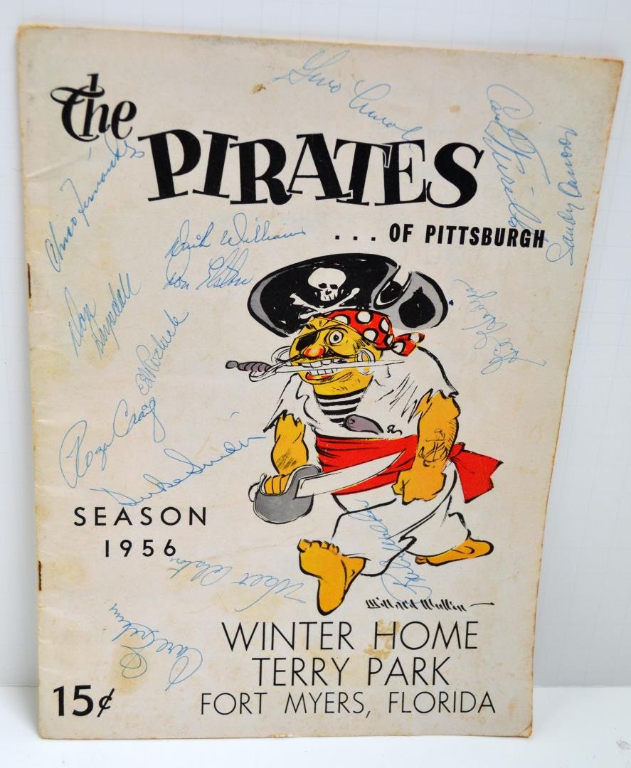 Signed 1956 Spring Training Baseball Playbook: Signed 1956 Spring Training (Ft. Myers, FL) Baseball Playbook (Brooklyn Dodgers vs. Pittsburgh Pirates) with 14 Signatures - Don Drysdale, Dick Williams, Chico Fernandez, Duke Snider, etc.
