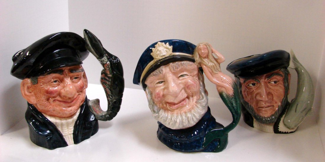 3 Royal Doulton Toby Jugs: Ahab, Old Salt, Lobster: 3 Royal Doulton Toby Jugs: Capt. Ahab, Old Salt, Lobster Man, ranging in size from 6.5" to 8.25". No chips.