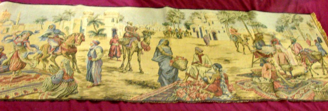 Authentic Belgian Tapestry - approx. 54" x 19: Authentic Belgian Tapestry - approx. 54" x 19 featuring an Arabian market scene; do not know age of piece.