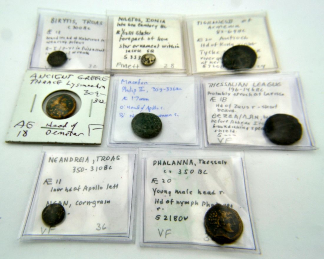 Lot of 8 Ancient Coins: Lot of 8 Ancient Coins - Birytis, Troas 300BC, Miletos, Ionia late six century Bc, Tigranes ll of Armenia 83-69BC,Thrace Lysimechim 322-309, Macedon Philip II 359-336Bc,Thessalian Leauge 196-146BC, Ne