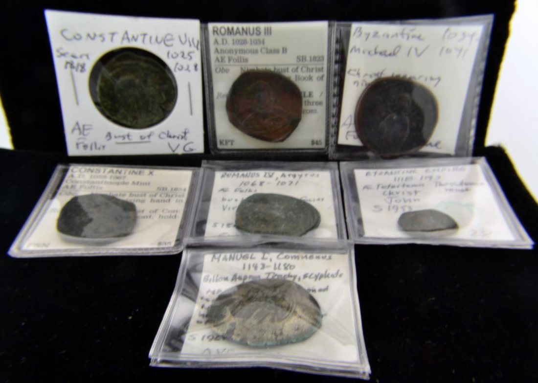 Lot of 7 Ancient Coins: Lot of 7 Ancient Coins - Constantive 1025-1028, Romanus III AD1028-1034, Byzintine Michael IV 1034-1041, Constatine X AD 1059-1067, Romanus IV, Argyros 1068-1071, Byzantine Empire 1118-1143,Manuel I. 