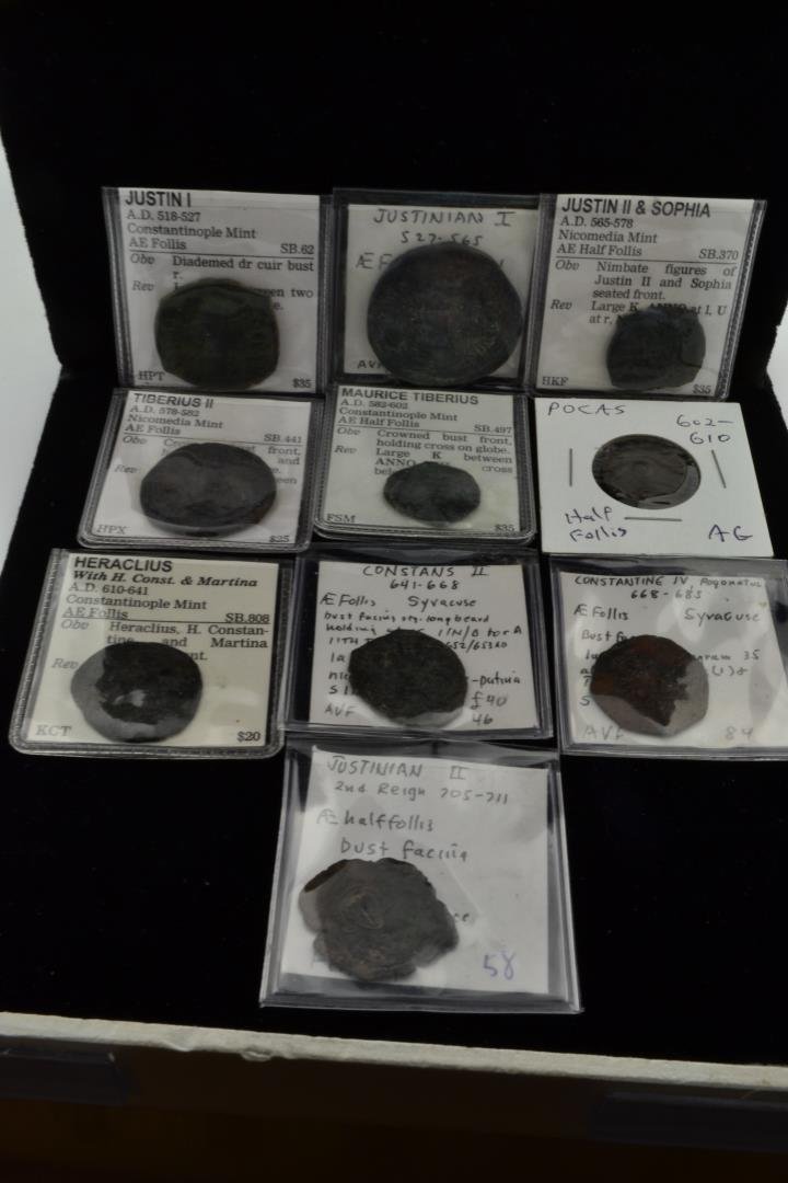 Lot of 10 Ancient Coins: Lot of 10 Ancient Coins - Justin I AD518-527, Justinians I 527-567, Justin I & Sophia AD565-578, Tiberius II AD578-582, Maurice Tiberius AD582-602, Pocas AD602-610, Heraclius AD610-641, Constans II 64