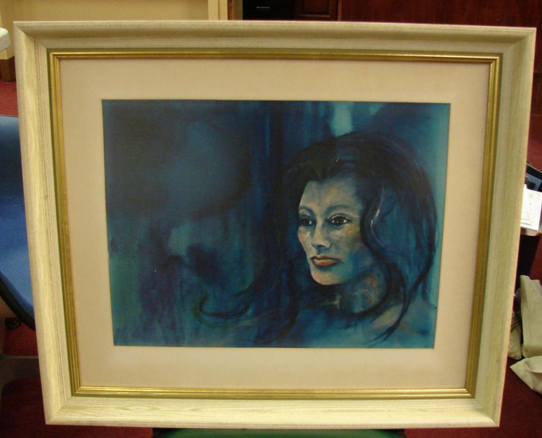 Framed Portrait of Woman, Print of Woman & Gaucho: Portrait of a Woman with Blue Background, 27" x 23", and a framed print of a woman and a gaucho playing a banjo, signed Silvar, #69/275, 30" x 24"
