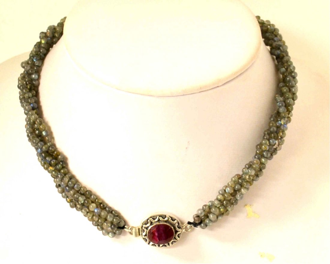 5 Strand Natural Labradorite Necklace: 5 strand natural labradorite, 450cts, with 4mm beads, twist design with natural opaque sterling ruby clasp.