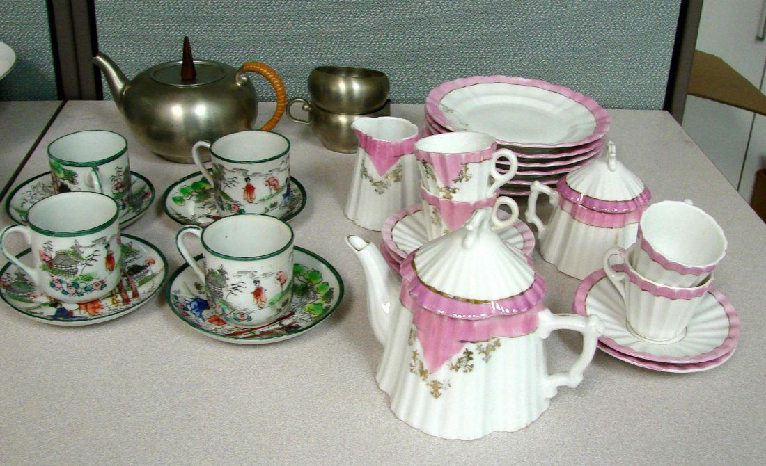 4 Chinese cups and saucers, Pink Tea Set+: 4 Chinese hand painted small cups and saucers and a pink and white tea set - teapot, 6 cake plates, 4 small cups, 5 saucers, sugar and creamer