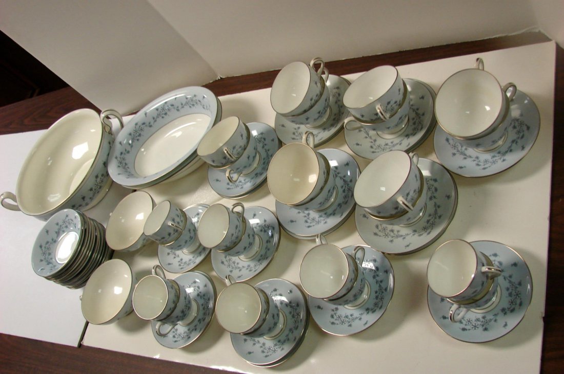 65 pcs. Minton Fine China - Grey Mist Pattern: Minton Fine China - Grey Mist - 12 ea. fruit bowls, demitasse cups and saucers, footed cups and saucers; 2 oval veg., 1 round handled tureen (no lid), 2 cream soups. No chips.