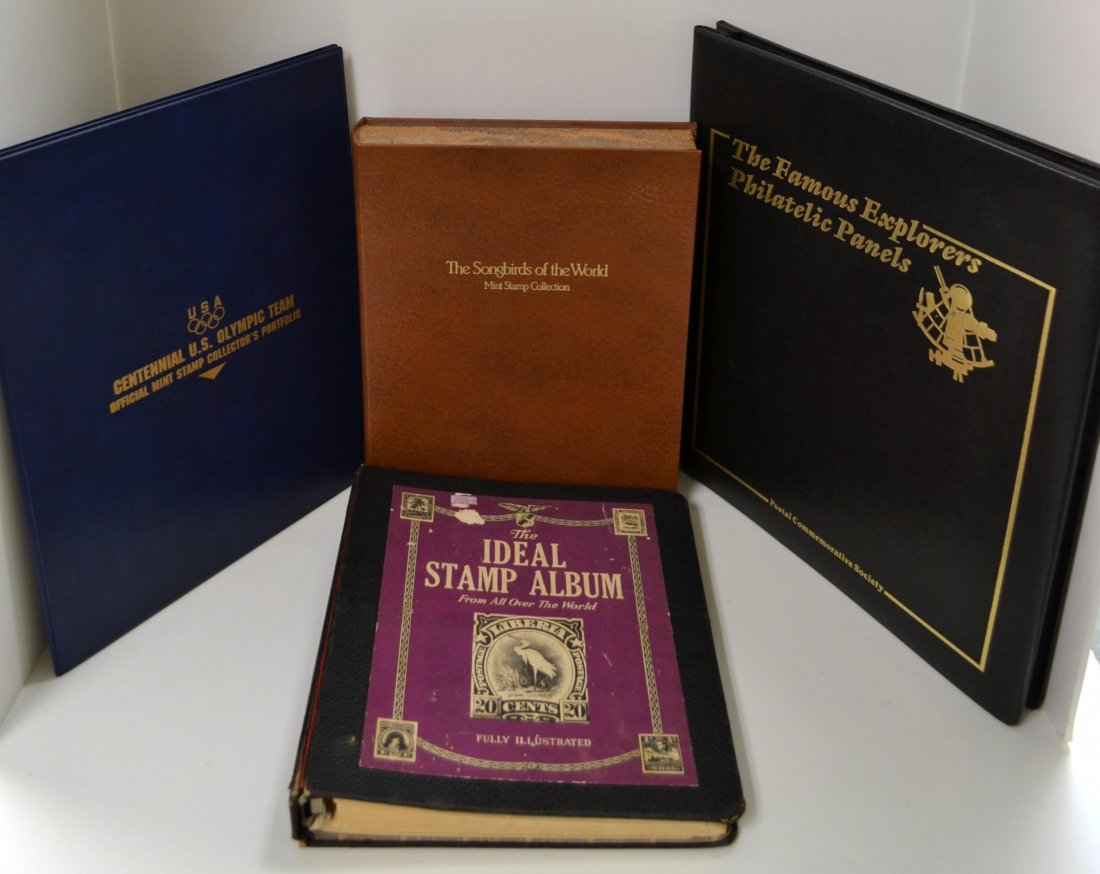 Explorer Panels, U.S. Olympic Stamps, Songbirds +: 18 Famous Explorer Panels in Album, U.S. Olympic Team Stamp Panel Collection, 71 Songbirds of the World Panels in Album, and The Ideal World Wide Stamp Album