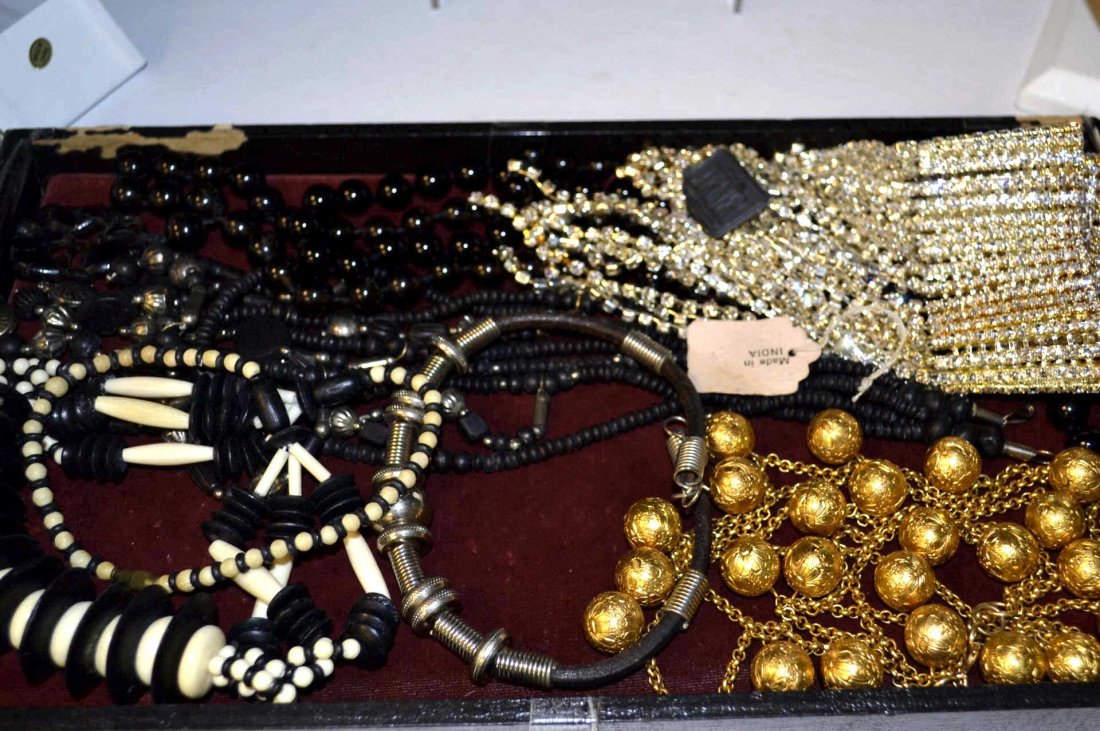 Assorted Bead Necklaces & Bracelets: Unique bead necklaces; rhinestone chocker, black & white bead necklace, gold plated bead necklace with matching bracelet, some silver beads from India and more.