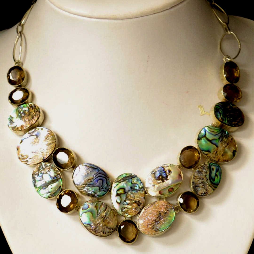 Abalone & Smokyy Topaz Necklace: Designer abalone and topaz necklace with 11 oval shaped abalone, bezel set with 9 oval shaped smoky topaz , sterling mounting, 18" inside length with sterling Lobster clasp.
