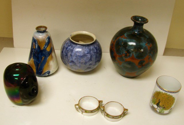 2 Crystalline Glazed Vases, 2 Nippon Salts, Art Gl: 2 Crystalline Glazed Vases, 1 art glass bud vase or paperweight, 5.5" bud vase with blue irises on gold and white background, Saki cup with peacock decoration, pair of hand painted Nippon individual s