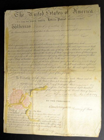 Presidential Patent Signed by Andrew Jackson c1832: Presidential Patent Signed by Andrew Jackson March 27, 1832, "In the Construction of a back for a Forge and for most other fires where a blast is needed", countersigned by E. Livingston, Sec'y of Stat