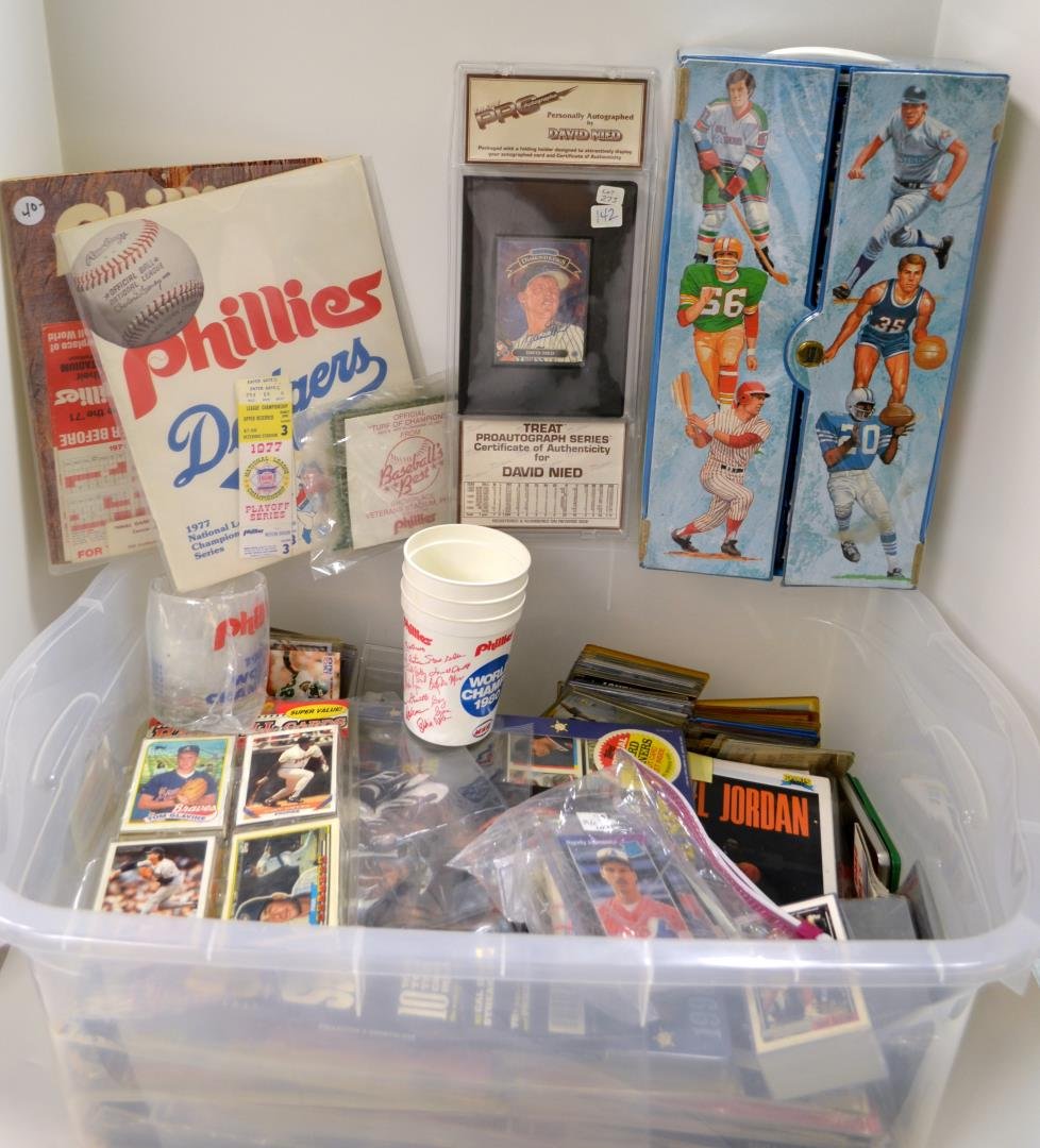 40 Sports Yearbooks, World Series+Game Programs ++: 40 Sports Yearbooks, World Series + Game Programs, Trivia Game, Cups, Glass, Turf, 7 8"x10" Autographed Pictures, and Miscellaneous Sports Cards