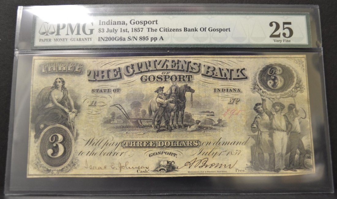 1857 $3 The Citizens Bank of Gosport, IN PMG VF 25: 1857 (July 1st) $3 The Citizens Bank of Gosport, Indiana PMG VF 25 IN200G6a S/N 895 pp A