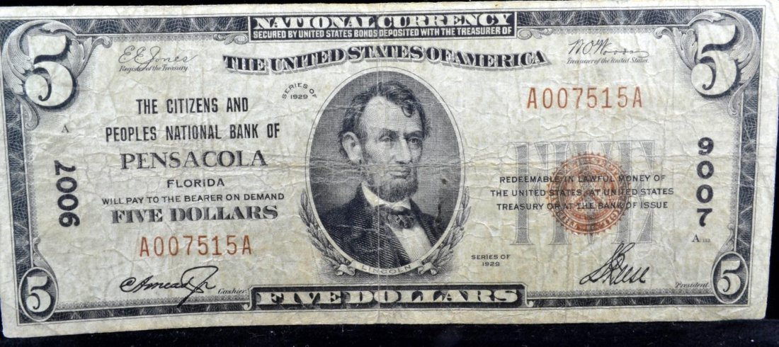 1929 $5 Citizens Peoples Natl Bank Pensacola FL VG: 1929 $5 The Citizens and Peoples National Bank of Pensacola, Florida, No. 9007 VG