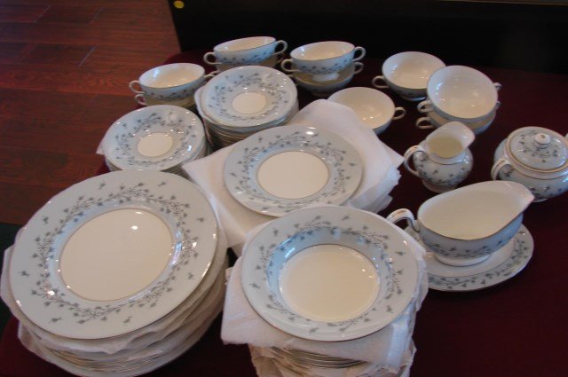 Minton Grey Mist Fine China - svc. for 12: Minton Grey Mist Fine China, 12 dinner & 12 lunch plates, 12 cream soups, 23 saucers, 10 fruit bowls, 1 gravy with underplate, 1 creamer and 1 sugar.