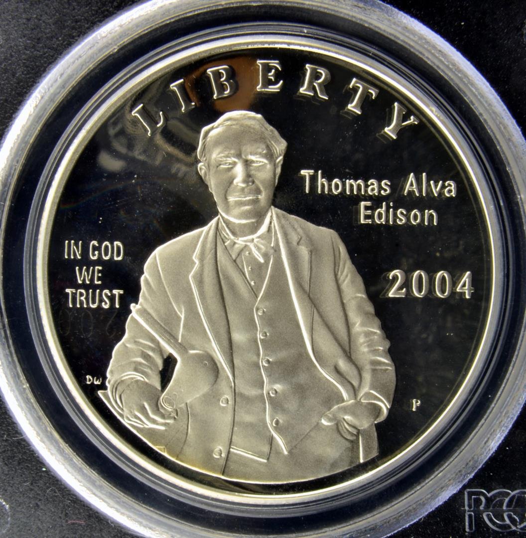 2004 P Edison Commem Silver Dollar PCGS PR 69 DCAM: 2004 P Thomas Alva Edison Bicentennial Commemorative Silver Dollar PCGS Proof 69 Deep Cameo