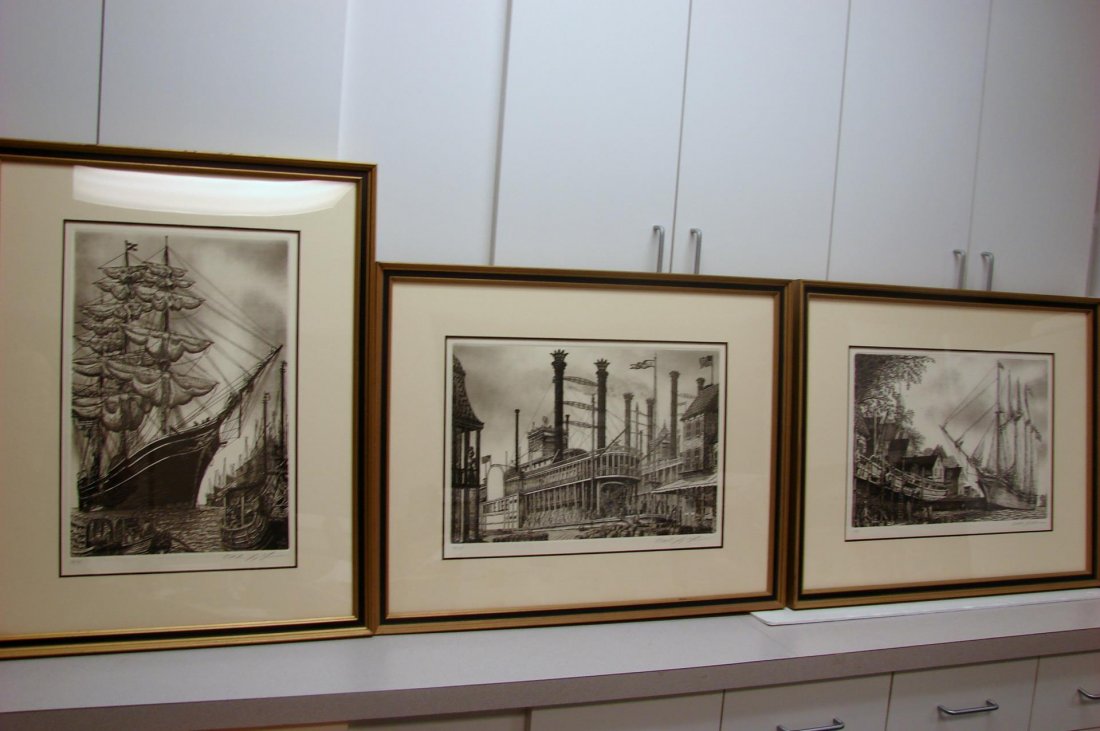 3 Framed Etchings of Ships by Franklin Mint Galley: 3 Framed Etchings of Ships Sea Witch, Steamboat "Robert E. Lee" and Schooner "William L. White", (27" x 21.5") hand signed by Alan Jay Gaines by the Franklin Mint Gallery. Since 1970, Alan Gaines has