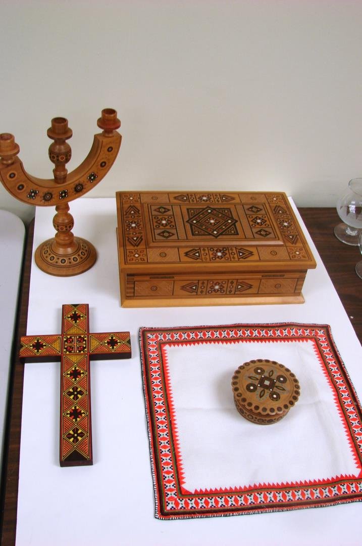 Carved Ukraine Inlaid Wood Box, Candelabra, Cross: Carved Ukraine Inlaid Wood Box with mirror, Candelabra, Cross, hand embroidered napkin, and a small box, all from the Ukraine prior to it's gaining independence in 1991.