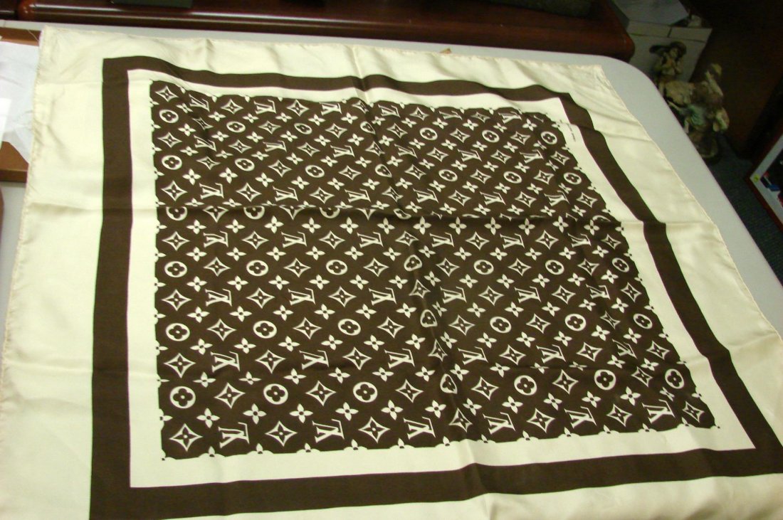 Louis Vuitton Scarf 30" sq., Hermes Twilly Scarf: Louis Vuitton Scarf, 30" square in original box; worn once. Hermes Black & White Twilly Scarf, new in box.