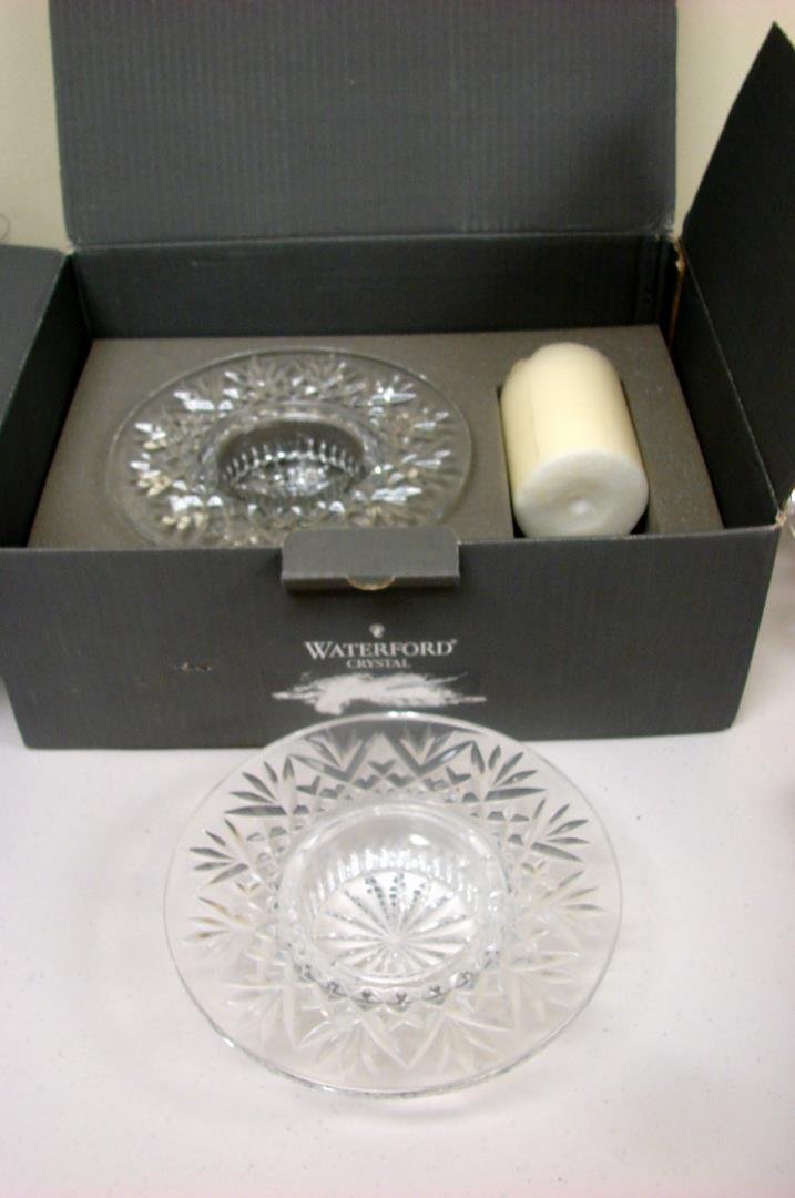2 Waterford Flat Pillar Candle Holders: 2 Waterford Flat Pillar Candle Holders, one with original box.