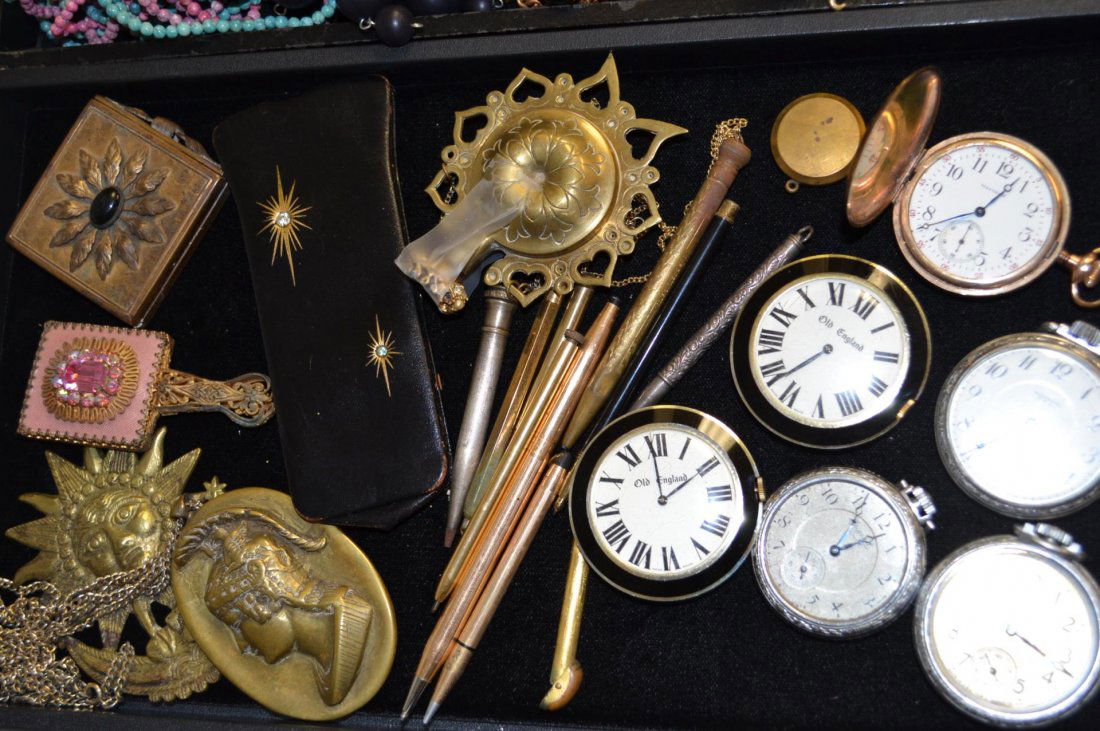 Lot of Pocket Watches & Pens: Lot of pocket watches, some working, along with several, vintage pens, hand mirror, glass holder, compact and bronze necklaces.